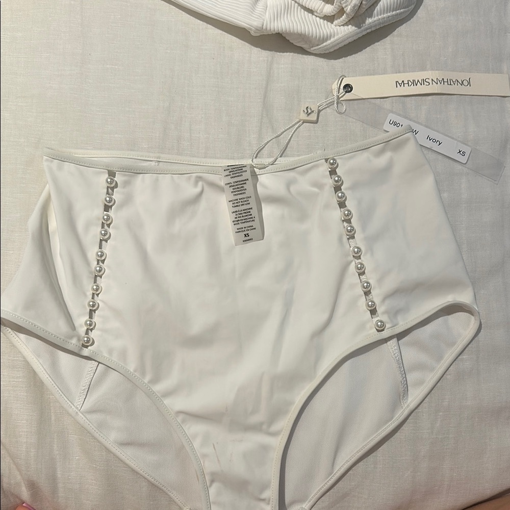 Jonathan Simkhai Ivory High-Waist Bikini Bottoms with Pearl Trim
